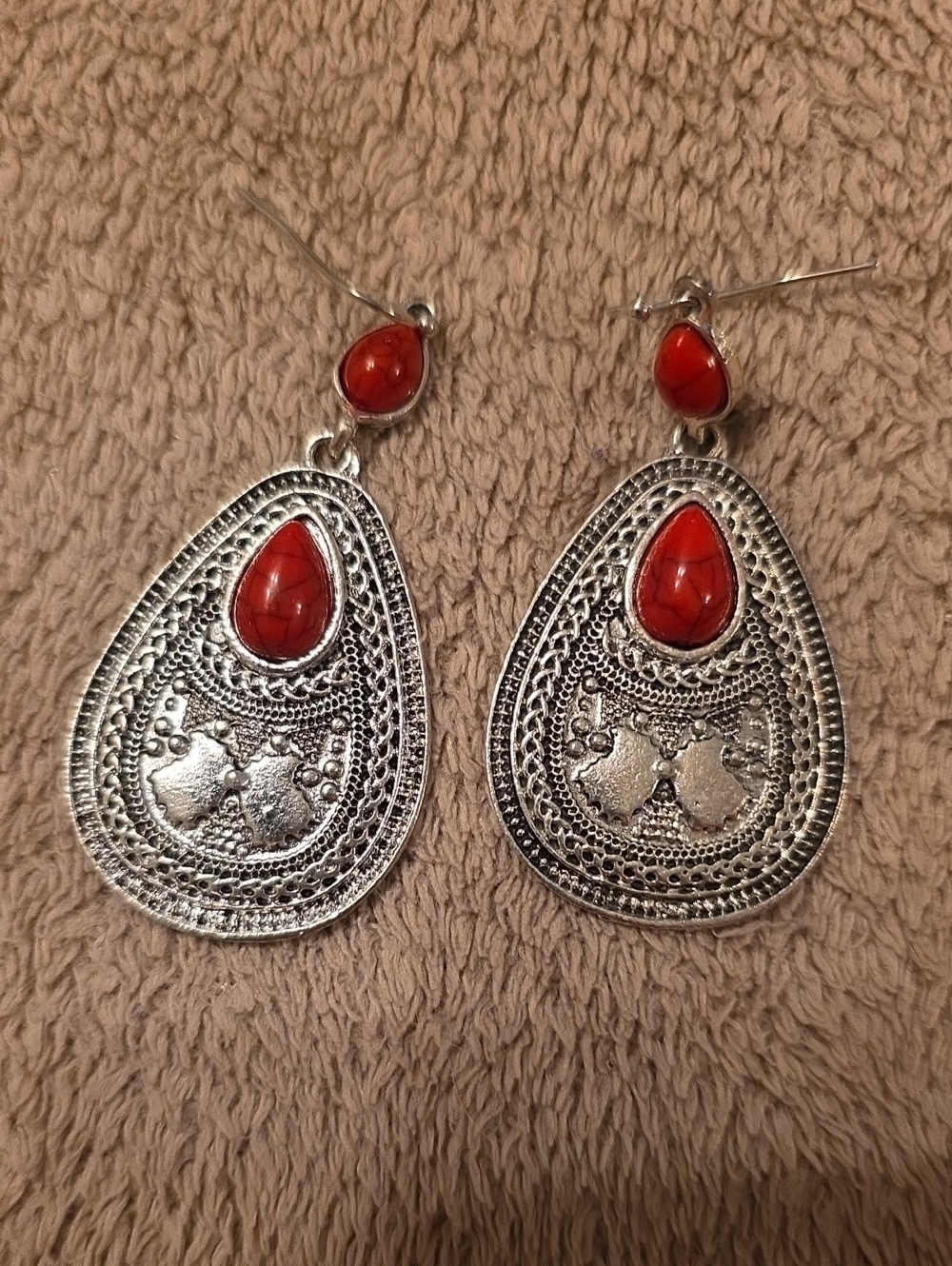Red TurquoiseTeardrop Filigree Dangle Earrings - Sterling Silver